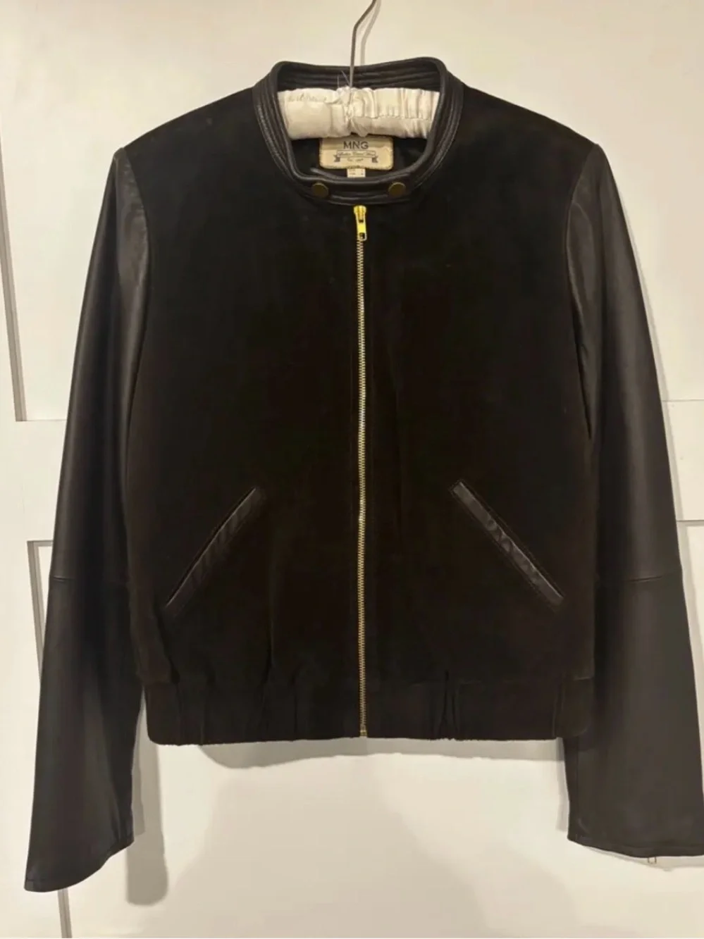 MNG Mango Mixed Media Leather & Suede Bomber Jacket Deep Chocolate Brown/Gold M